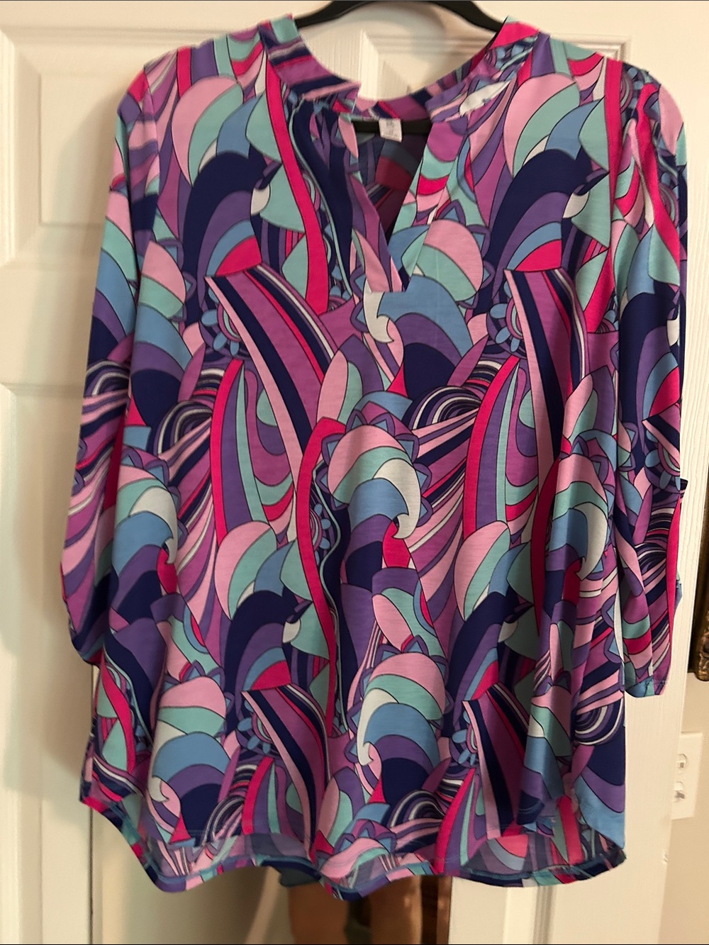 Women's V-Neck Abstract Wave Blouse - Purple Multi